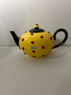 Department 56 Yellow Teapot with Black Handle and Red Ladybug Accents